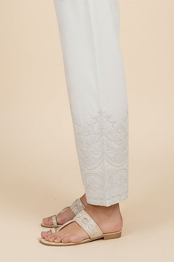 WHITE COTTON  EMBROIDERED TROUSERS - PTR0008