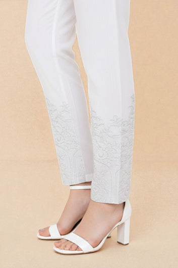 WHITE COTTON  EMBROIDERED TROUSERS - PTR0009