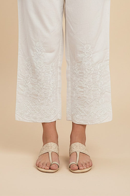 WHITE COTTON  EMBROIDERED TROUSERSN - PTR0010