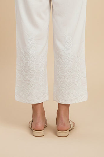 WHITE COTTON  EMBROIDERED TROUSERSN - PTR0010