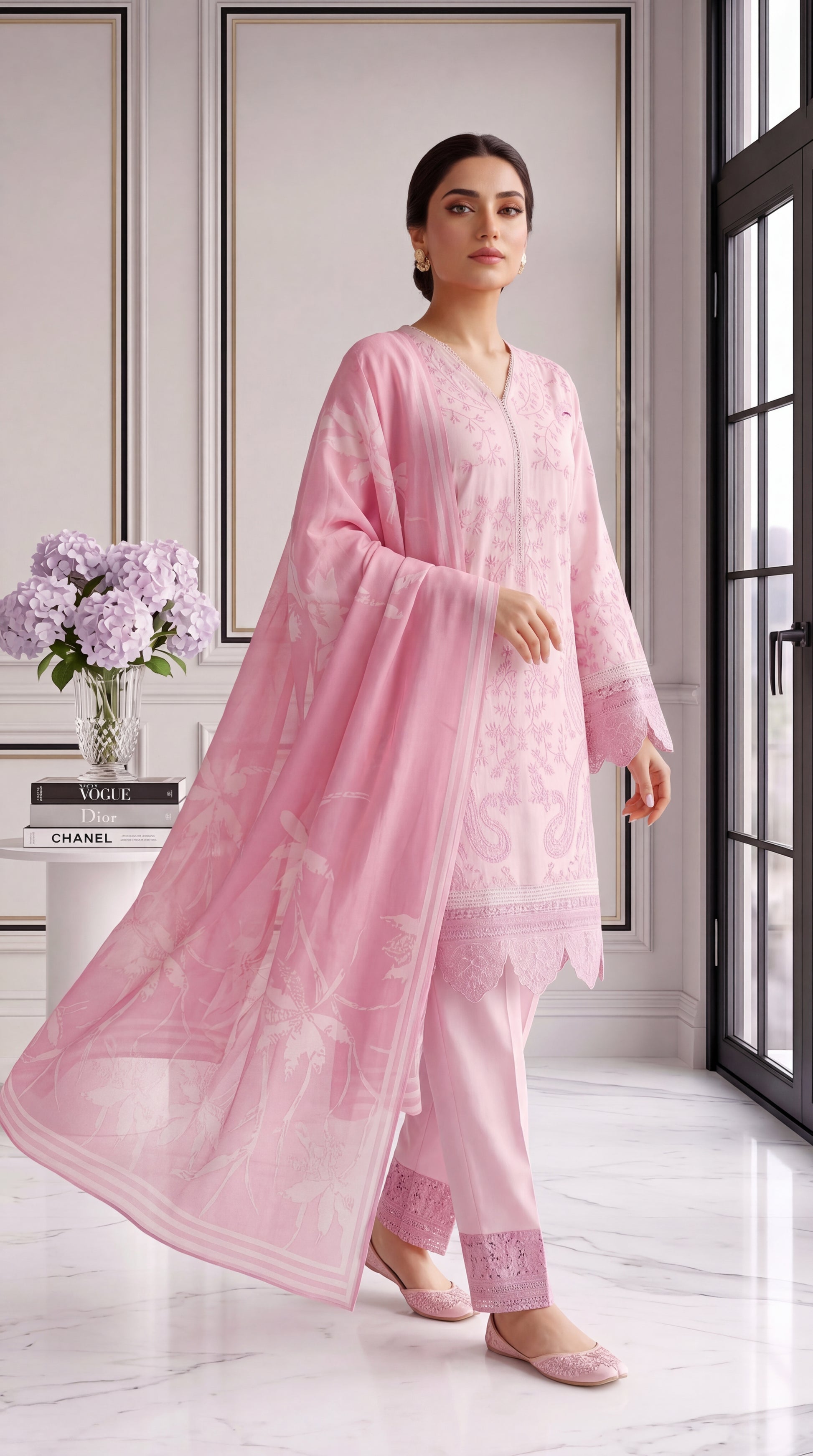 3 Piece Lawan Suit | PU01494 | Pastel Pink Floral Embroidered Kurta with Printed Dupatta | Lawan PINK / 999