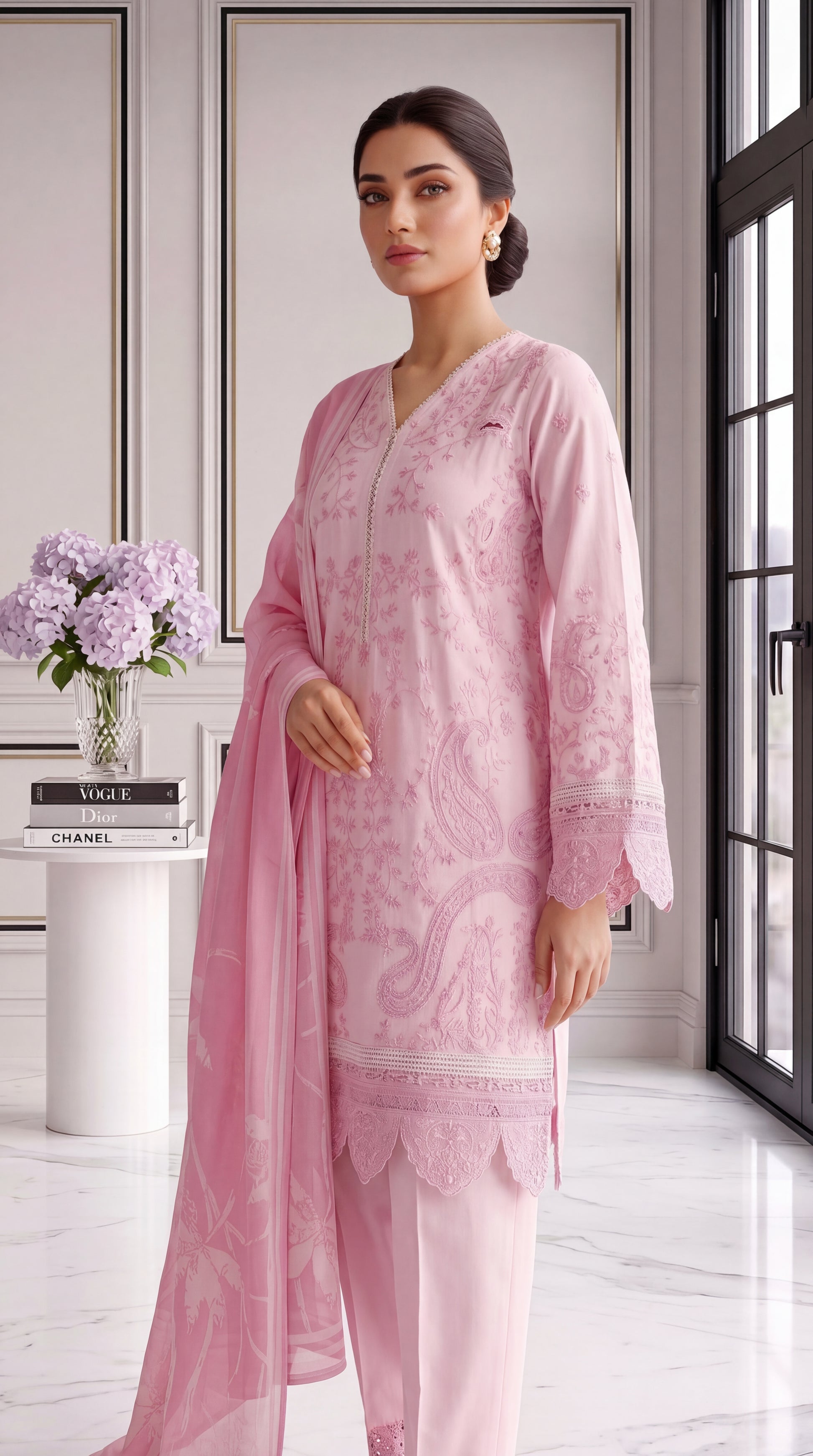 3 Piece Lawan Suit | PU01494 | Pastel Pink Floral Embroidered Kurta with Printed Dupatta | Lawan PINK / 999
