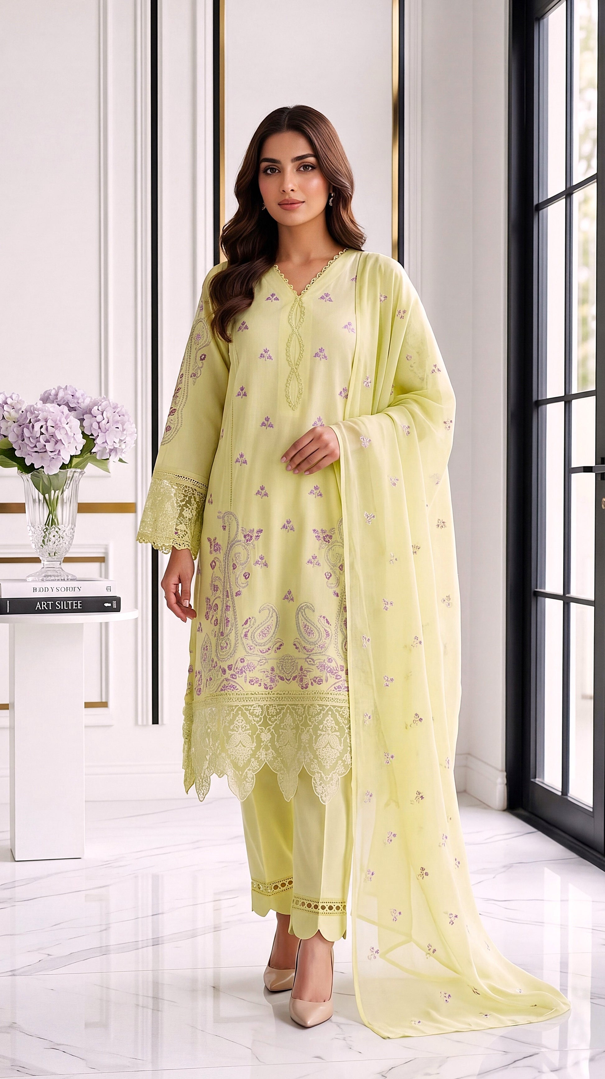 3 Piece Lawan Suit | PU01495 | Lemon Yellow Paisley Embroidered Ensemble with Embroidered Dupatta | Lawan YELLOW / 999