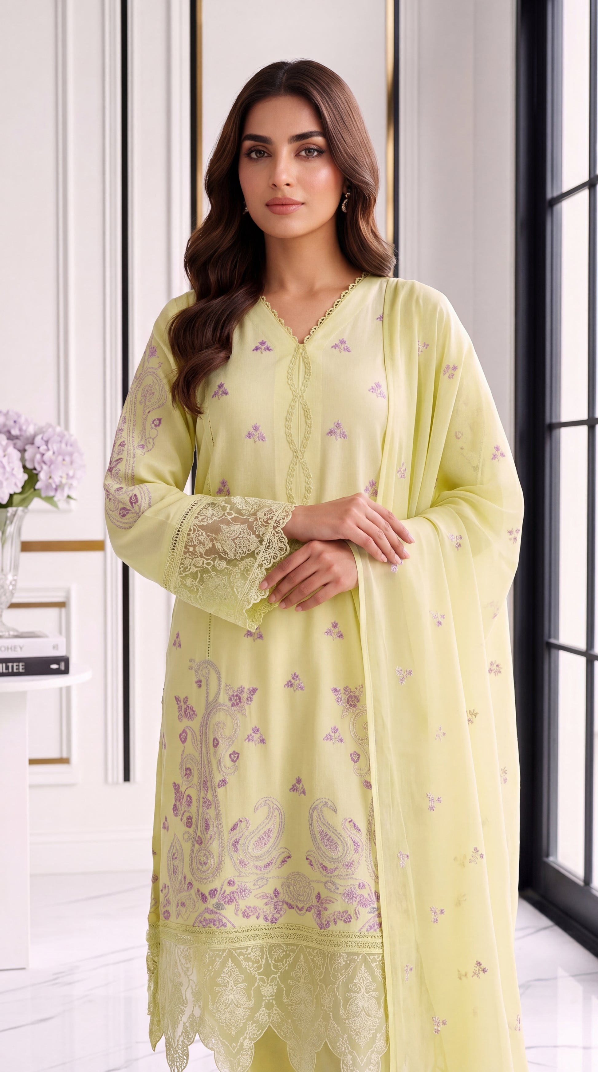 3 Piece Lawan Suit | PU01495 | Lemon Yellow Paisley Embroidered Ensemble with Embroidered Dupatta | Lawan YELLOW / 999