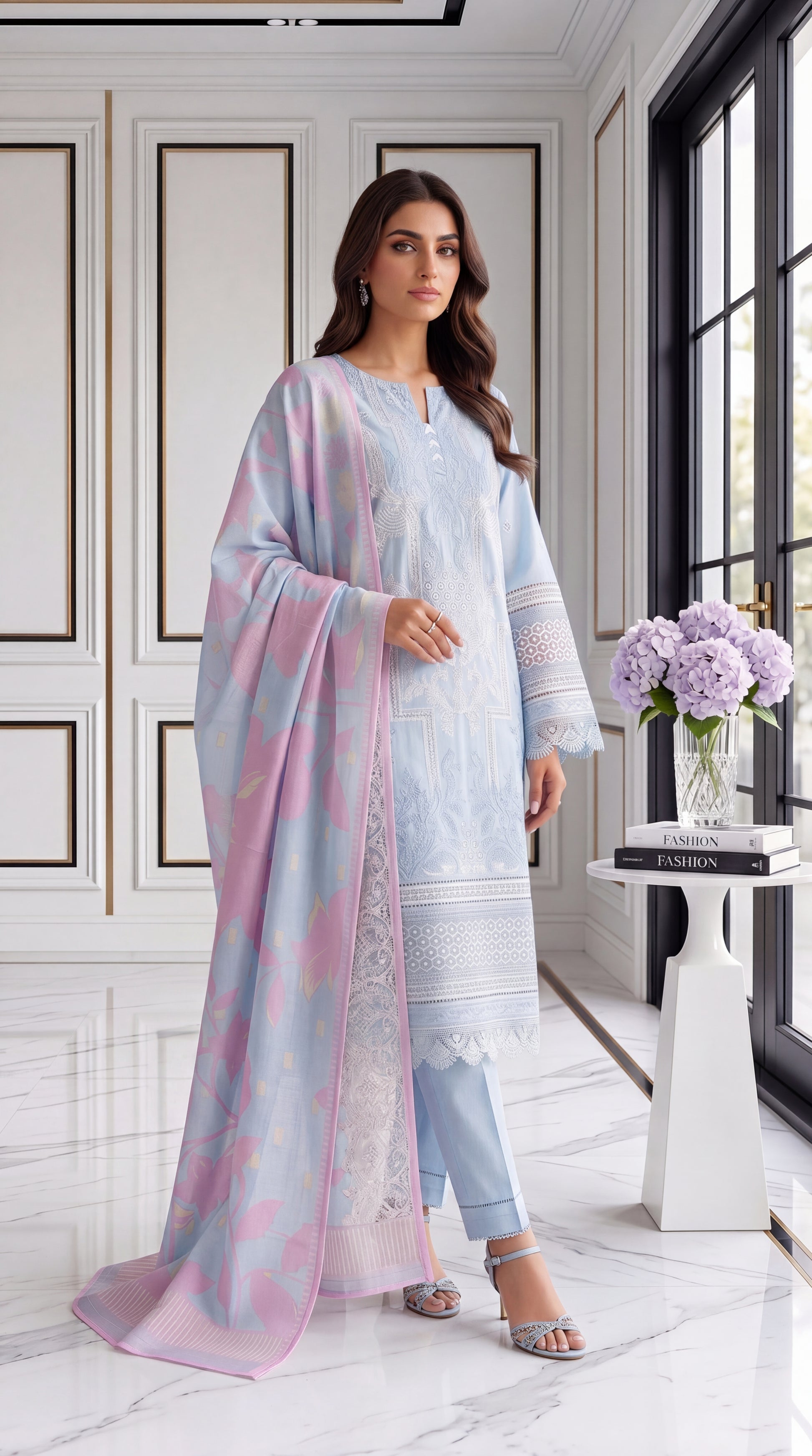 3 Piece Lawan Suit | PU01496 | Sky Blue Embroidered Kurta with Pastel Floral Printed Dupatta | Lawan SKY BLUE / 999