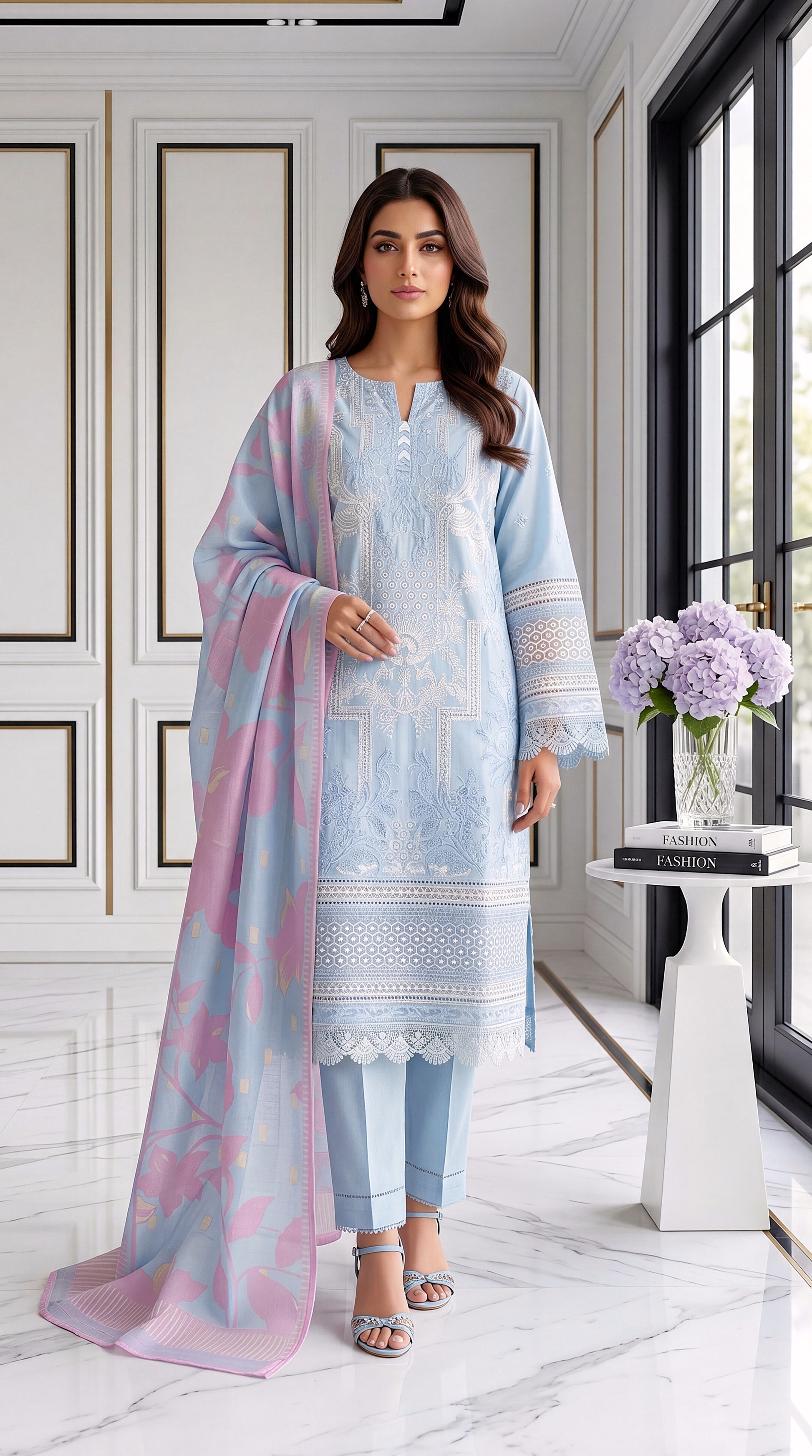 3 Piece Lawan Suit | PU01496 | Sky Blue Embroidered Kurta with Pastel Floral Printed Dupatta | Lawan SKY BLUE / 999