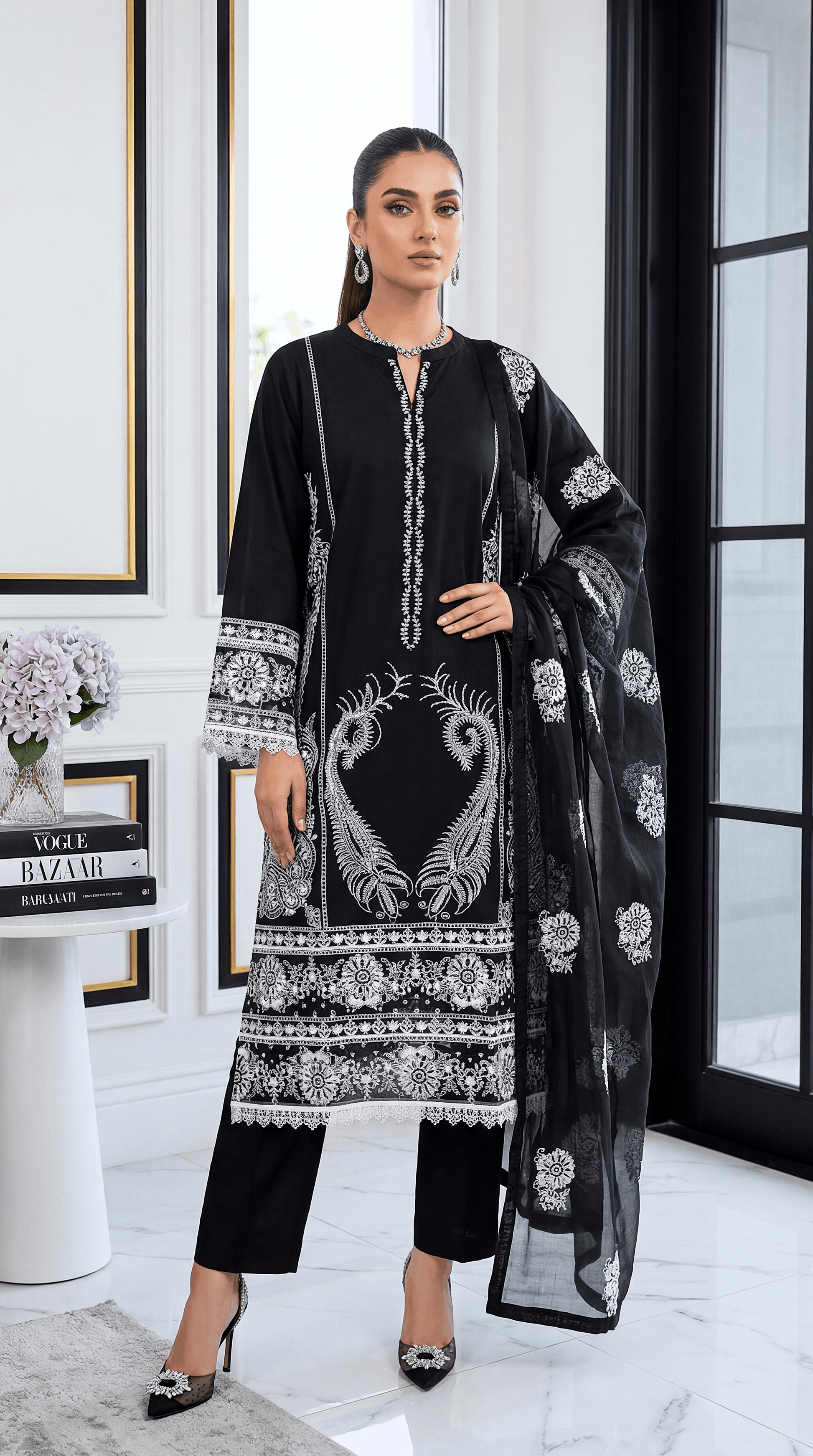 3 Piece Lawan Suit | PU01497 | Black White Embroidered Floral Kurta with Printed Dupatta | Lawan BLACK / 999