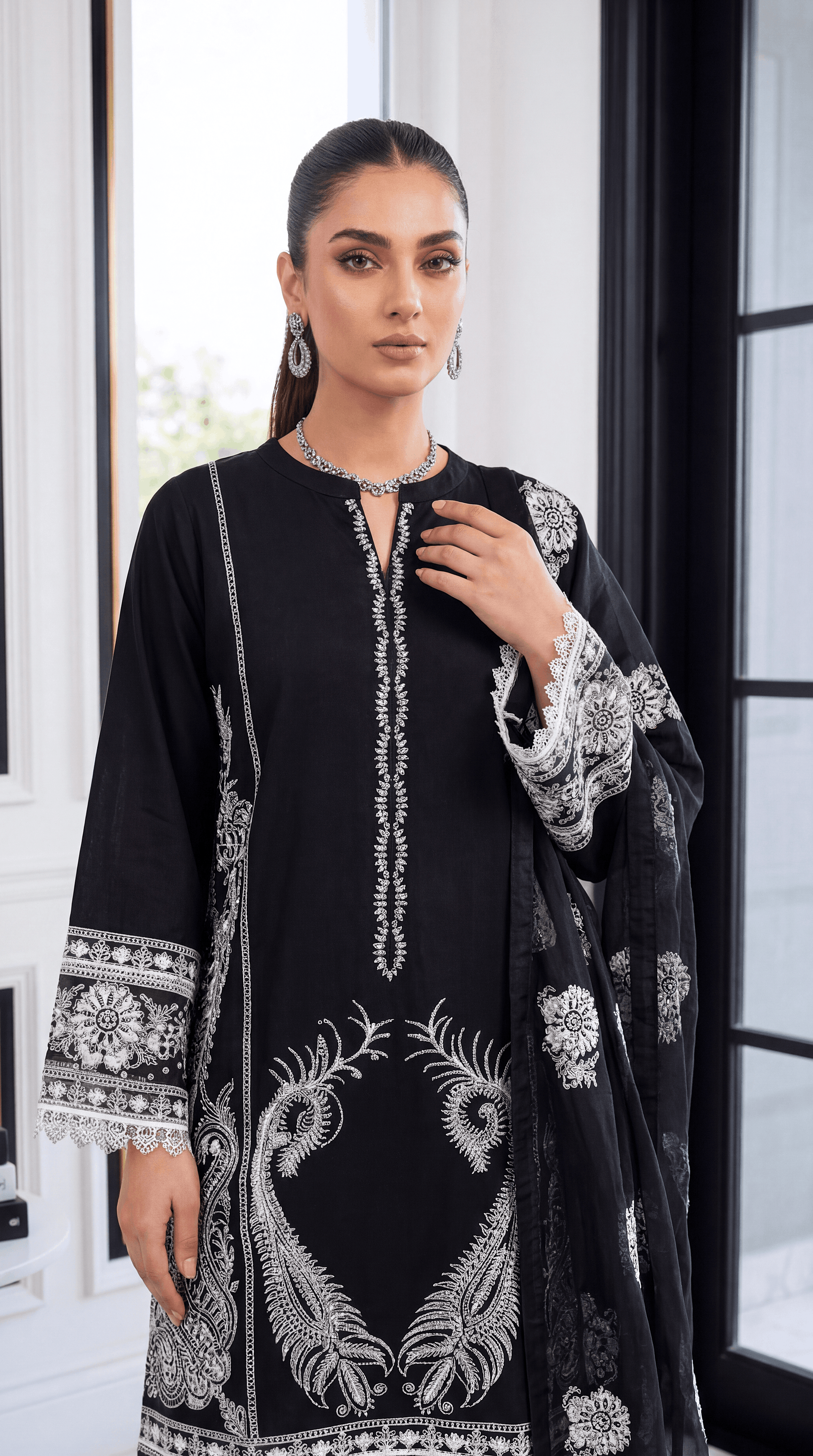 3 Piece Lawan Suit | PU01497 | Black White Embroidered Floral Kurta with Printed Dupatta | Lawan BLACK / 999