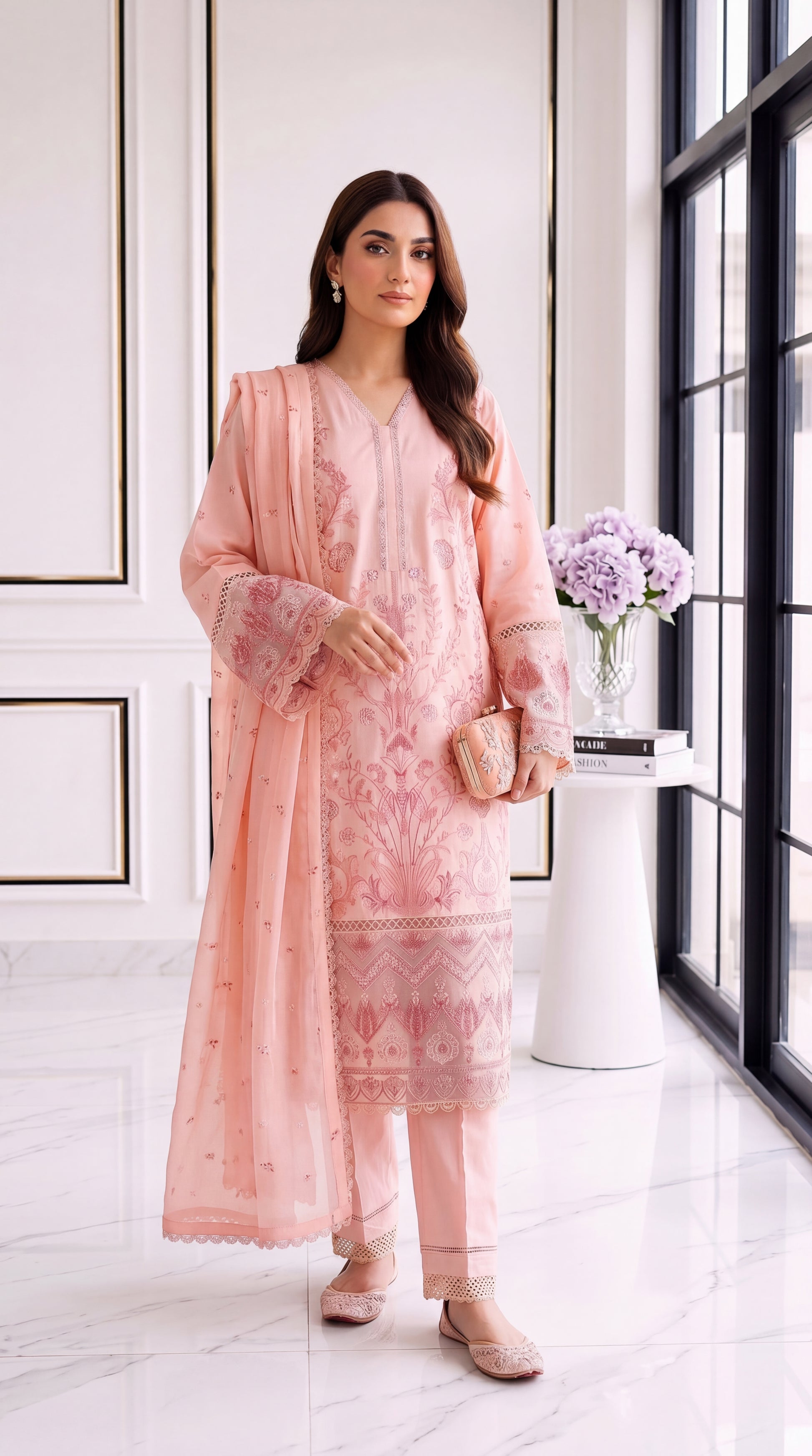 3 Piece Lawan Suit | PU01498 | Peach Botanical Embroidered Kurta with Embellished Dupatta | Lawan PEACH / 999