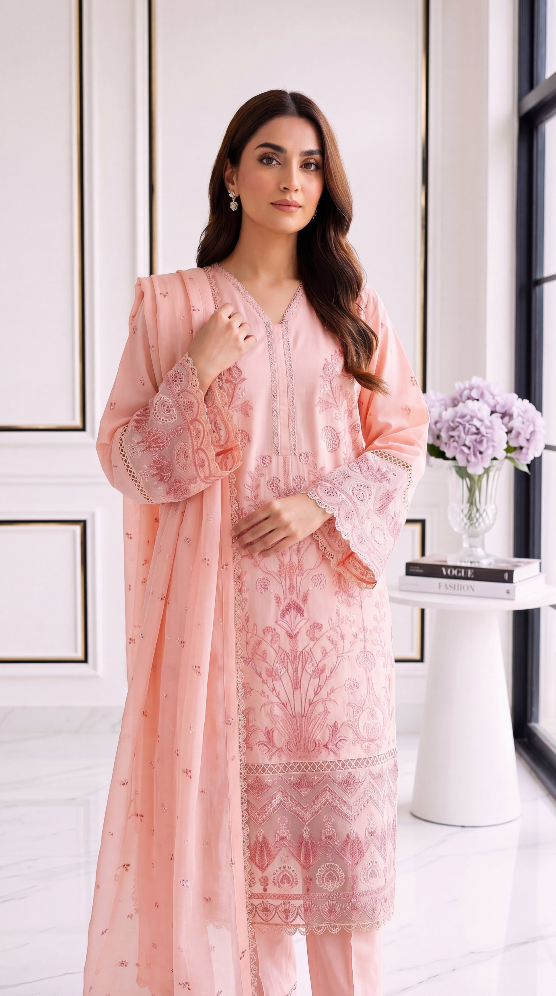 3 Piece Lawan Suit | PU01498 | Peach Botanical Embroidered Kurta with Embellished Dupatta | Lawan PEACH / 999