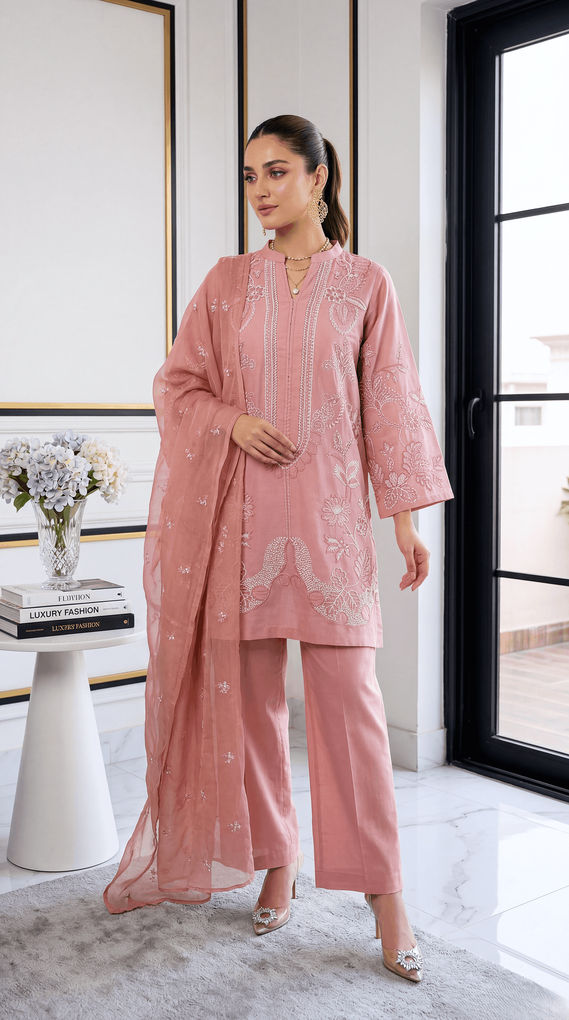 3 Piece Lawan Suit | PU01499 | Rose Pink Embroidered Straight Kurta with Embroidered Dupatta | Lawan PINK / 999