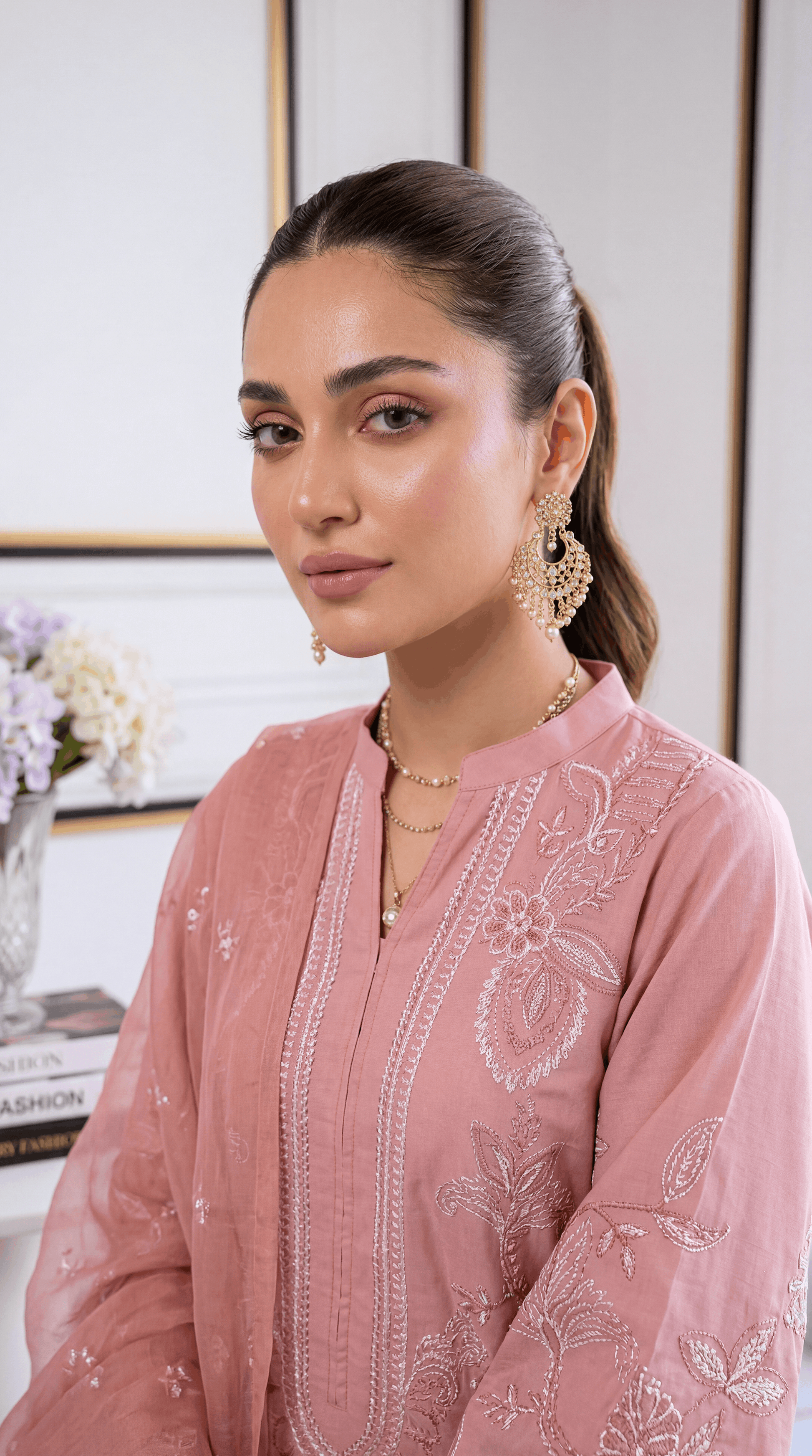 3 Piece Lawan Suit | PU01499 | Rose Pink Embroidered Straight Kurta with Embroidered Dupatta | Lawan PINK / 999