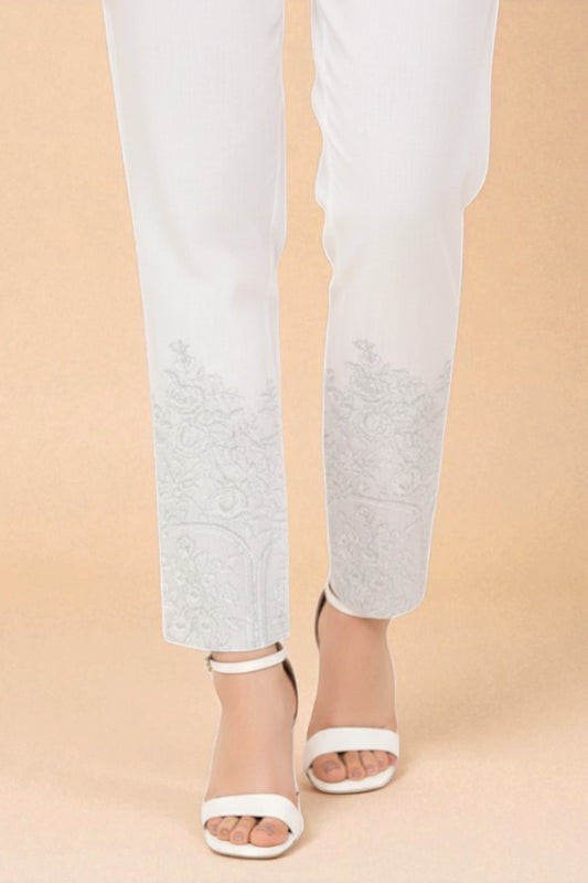 WHITE COTTON  EMBROIDERED TROUSERS - PTR0009